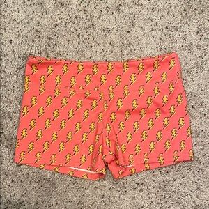 IAB MFG Woman Pink & Yellow Lightning Bolt Spandex Workout Shorts Size Medium